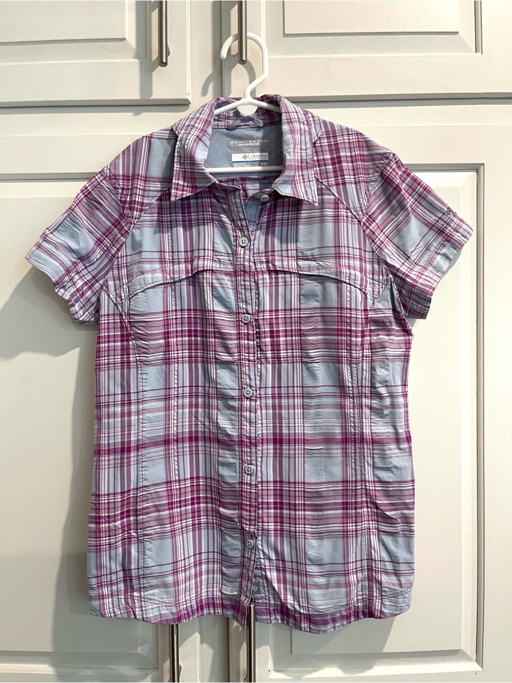 Columbia Omni-Shade Kids Short Sleeve Plaid Button-Up Shirt: Youth M